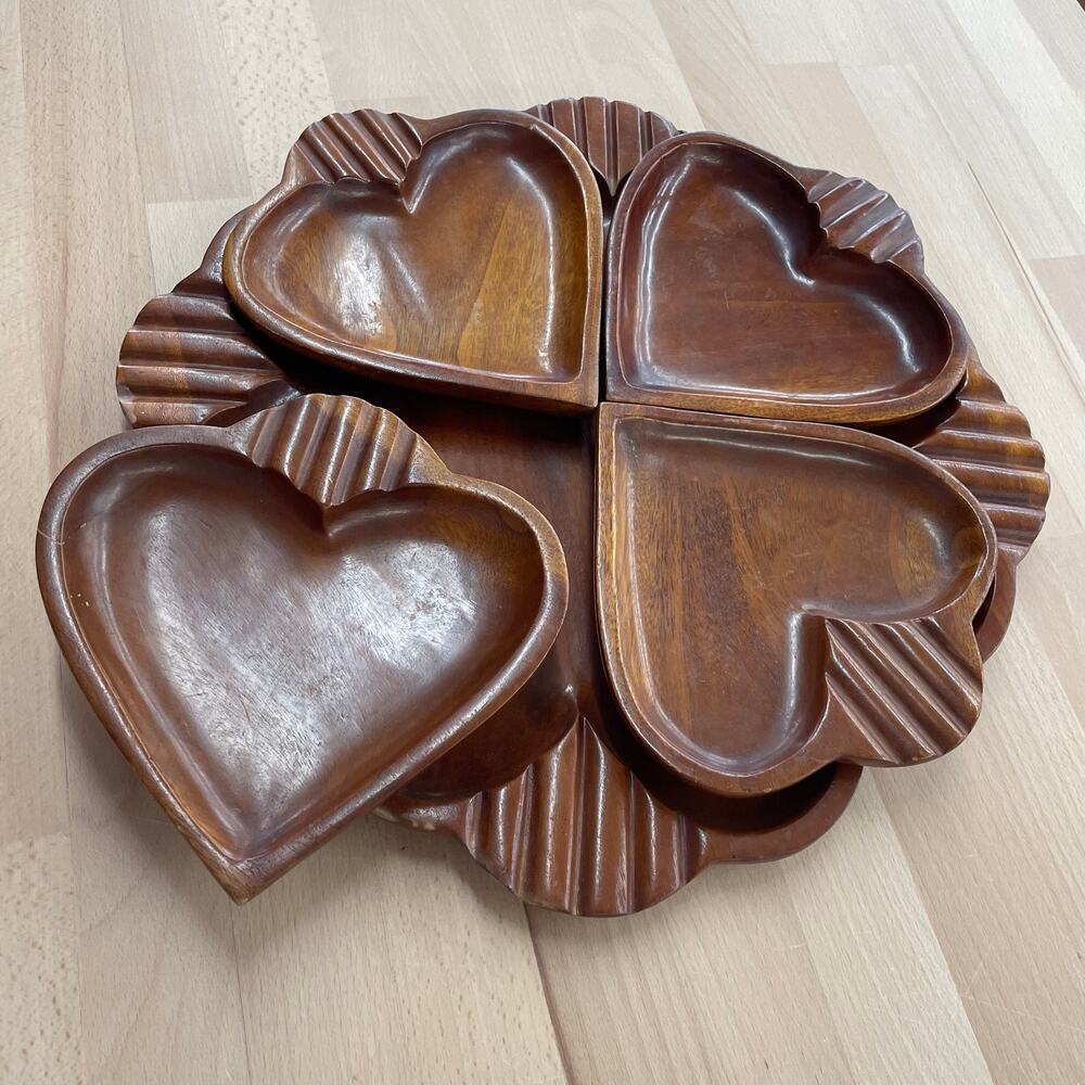 Vintage 70s Monkey Pod Wood Heart Tray Set – 5-Piece Carved Serving Dishes